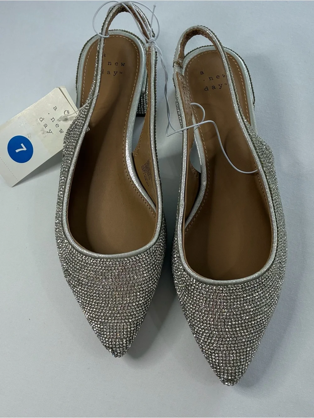 A New Day Elle Silver Rhinestone Slingback Pointed Toe Low Block Heels Size 7